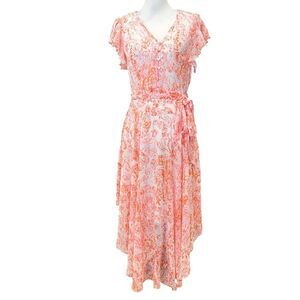Vince Camuto Chiffon Midi Dress Ruffle Sleeve Tie Waist Paisley Small Orange NWT